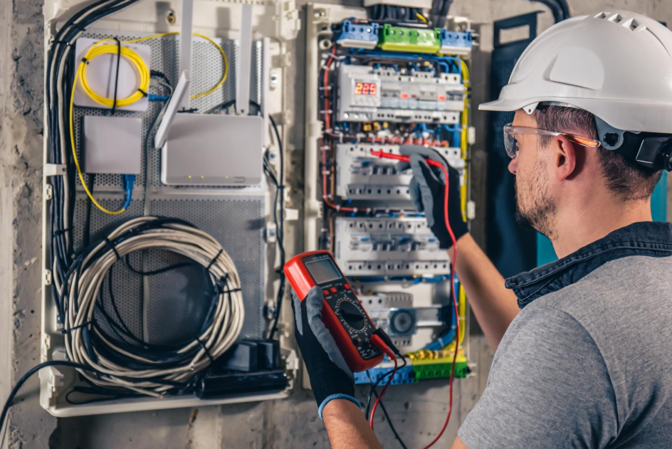 Electrician working on electrical panel